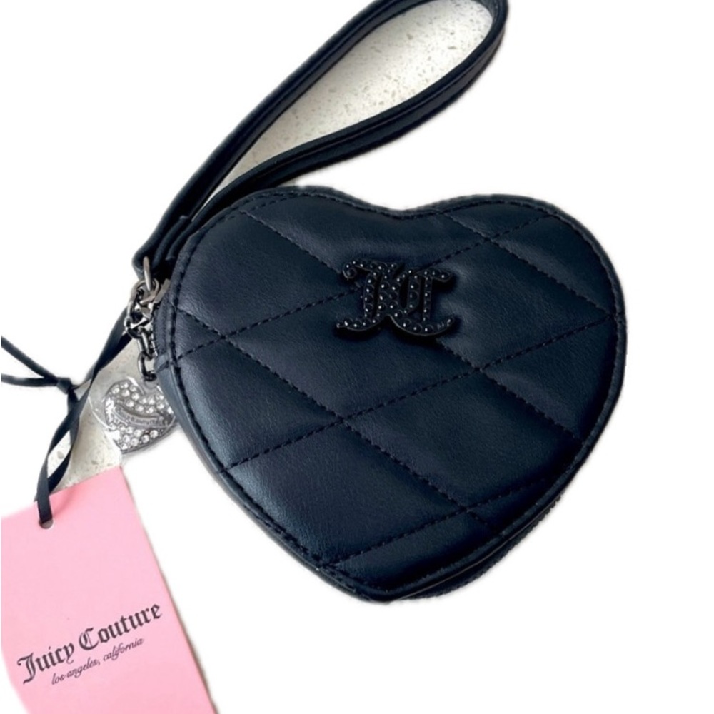 Juicy Couture Black Heart Zip Around Wristlet with Rhinestones